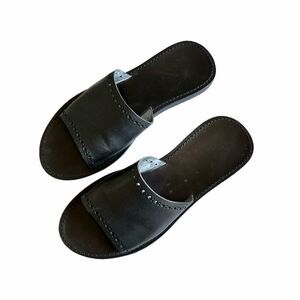 The Office of Angela Scott Black Leather Slide Sandals